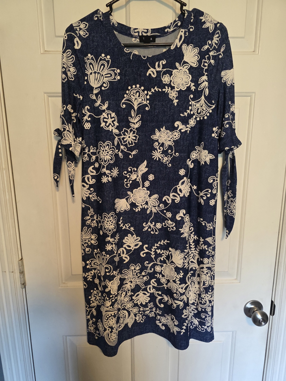 Tacera Navy and White Floral Tie-Sleeve Midi Dress